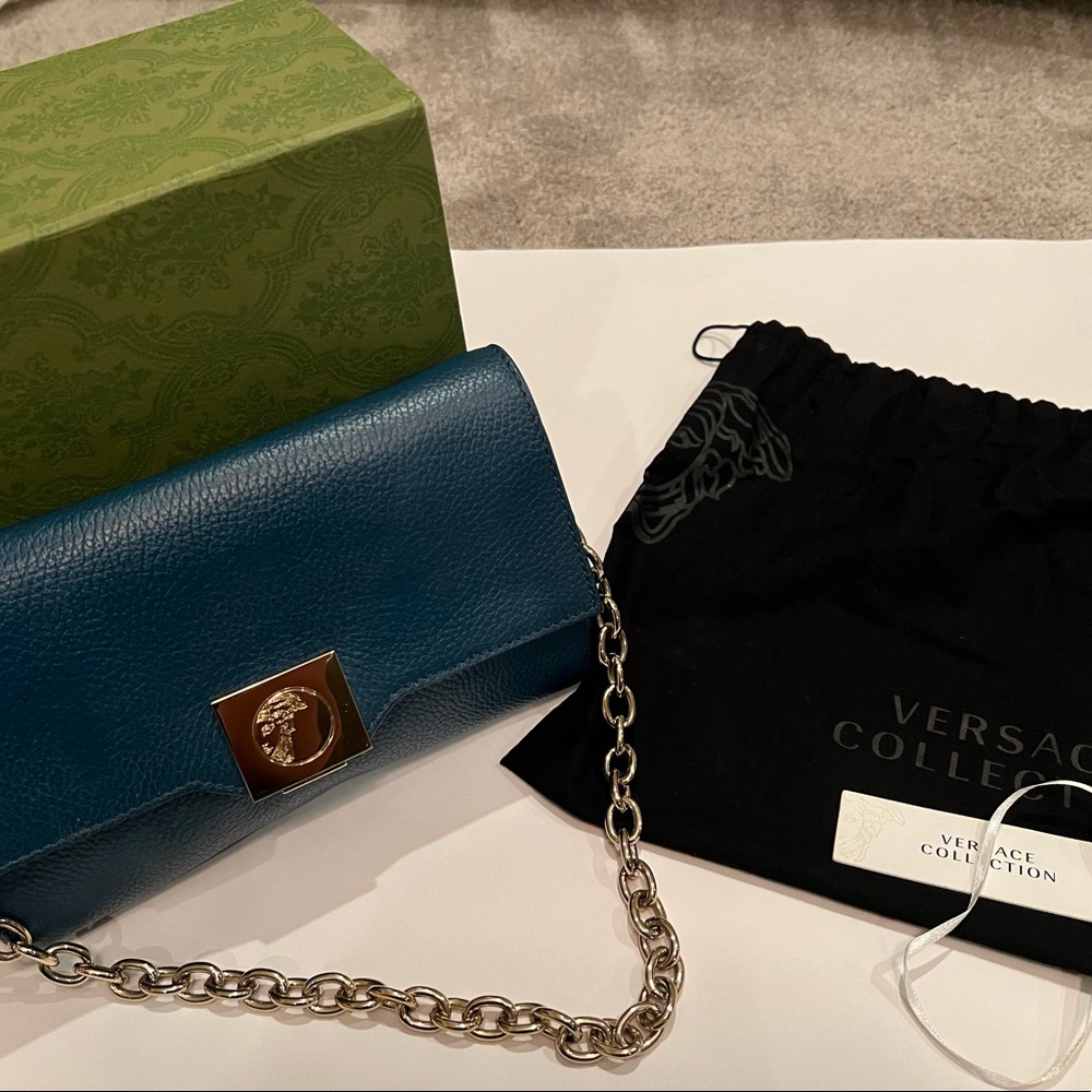 Versace clutch/chain bag in teal